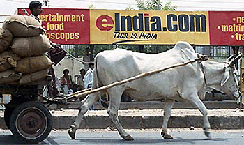A bullock-driven cart rides past a bus stop billboard advertising one of Indias many Internet portals on Thursday in New Delhi. Though parts of the nation remain well below the poverty line, it is estimated that some $ 500 million was invested in dotcom start-ups in India in 1999
