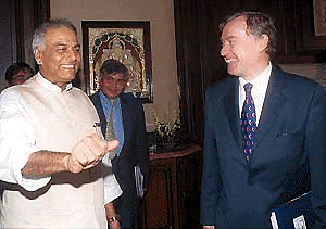 Finance Minister Yashwant Sinha with Mr Horst Kohler, IMF Managing Director at North Block in New Delhi on Tuesday.  PTI photo