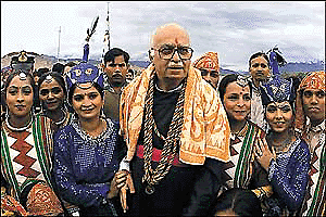Home Minister L.K. Advani with the folk dancers on the occasion of Sindu darshan festival at Shyey, Ladakh on Thursday.  PTI photo