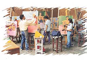 Young artists at work in a painting studio.