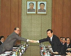 South Korean President Kim Dae-Jung (right) shakes hands with Kim Yong-Nam , President of the North Korean Supreme People's Assembly, during expanded talks in Pyongyang, North Korea ON Wednesday
