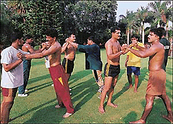 The visiting Pakistan kabaddi team, which arrived on Tuesday night, had its first conditioning session at Budgerigar Tourist Complex lawns at Pinjore on Wednesday.   A Tribune photograph