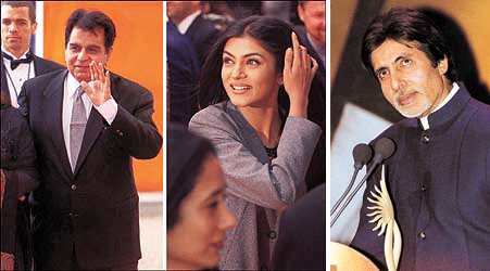 Dilip Kumar, Sushmita Sen and Amitabh Bachchan at the Millenium Dome in London.
