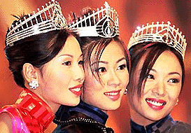 Vivan Lau, (right) and Margaret Kan who were crowned Miss Hong Kong and first runner-up on Monday.  AP photo