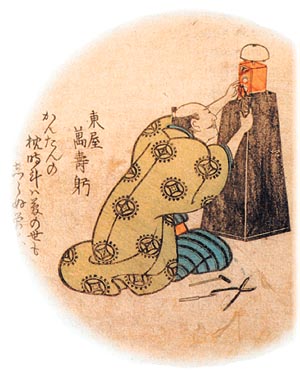 A worker repairing a turret clock. Japan, 19th C