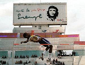 Cuban high jump champion Javier Sotomayor clears 2.3 meters during an exhibition event on Sunday. 