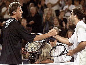 American Pete Sampras, right, congratulates Marat Safin of Russia at centre court after losing 6-4, 3-6, 7-6 (8) in the quarter-finals at the Canadian Masters Tennis tournament in Toronto, on Friday.  AP/PTI photo