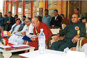Spiritual leader Dalai Lama, Himachal Pradesh Governor Vishnu Kant Shastri and Chief Minister Prem Kumar Dhumal paticipating in the 26th Kalchakra mahabhishek at Kee monastry in Spiti valley of Himachal Pradesh on Friday.   PTI