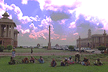 A breathtaking view of the Raisina Hills covered atop by mystique clouds in New Delhi on Friday