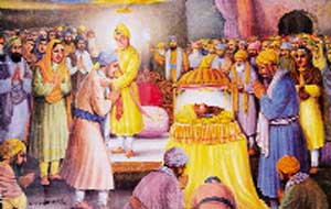 A painting depicting Guru Gobind Rai embracing Bhai Jaita