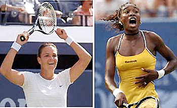 USA's Lindsay Davenport smiles after defeating Russia's Elena Dementieva by 6-2, 7-6 and (right) Venus Williams after defeating Switzerland's Martina Hingis by 4-6, 6-3, 7-5 in their women's semi-final of the US Open Tennis tournament in New York on Friday — PTI photo 
