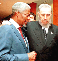 Cuban President Fidel Castro puts his arm around United Nations Secretary-General Kofi Annan at the United Nations Millennium Summit on Friday