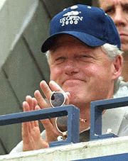 President Clinton applauds during the match between the United States' Pete Sampras and Australia's Lleyton Hewitt at the U.S. Open tennis tournament .