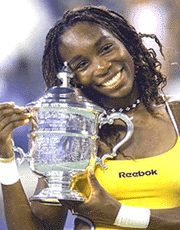 Venus Williams holds the US Open trophy after beating Lindsay Davenport.