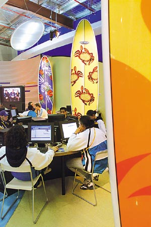 Huge surf boards are set up as part of the decoration at "Surf Shacks" for athletes to connect to the Internet at the athletes' village in Sydney