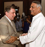 Finance Minister Yashwant Sinha (R) greets Russian Deputy   Prime Minister Liya Klebanov in New Delhi on Wednesday. 
