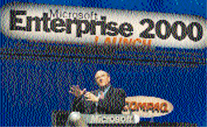 Steve Ballmer, CEO and President of Microsoft, makes a point during the launch of Microsoft's Enterprise 2000, September 26, 2000 in San Francisco, California.
