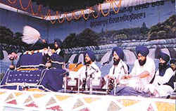 Ragis perform kirtan on the occasion of Gurpurb in Ludhiana on Friday.