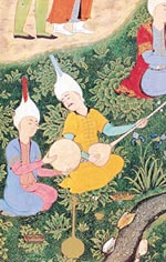 Musicians in a garden.                  Illustrated folio from a Nizamis Khamsa (Iran, 1524-25)