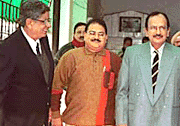BCCI Anti-Corruption Commissioner K.Madhavan and former Indian cricket team coach Ajit Wadekar before beginning their talks in connection with the match-fixing scandal in New Delhi on Monday.