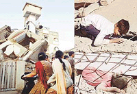 An earthquake-damaged building in Ahmedabad and (right) a boy tries to pull the body of his mother from out of the rubble of their collapsed house in Bhuj after the earthquake ravaged Gujarat.