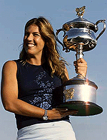 Jennifer Capriati poses with her Australian Open women singles trophy at St Kilda Pier in Melbourne on Saturday.