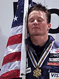 World champion Daron Rahlves of the USA holds back his emotions as he listens to his country's national anthem on the winners' podium during the official prize giving ceremony