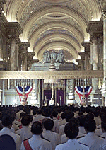 Thailands King Bhumibol Adulyadej (background) presides over the opening ceremony of the first session of Thailands new Parliament on Sunday at Bangkoks Ananta Samakhom Hall.