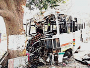 The bus which hit against a tree on the Hoshiarpur-Mukerian road on Sunday