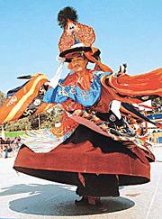 A Tibetan dancer of Solans Yung Drung Bon Monastery performs at the concluding-day function of Tibet Festival in DAV School, Sector-15, Chandigarh, on Sunday. 