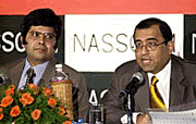 Phiroz Vandrevala (right), Chairman of Nasscom addresses a press conference during the Indias biggest International IT show Nasscom 2001 in Mumbai on Tuesday.