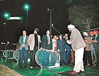 Mr Ramesh Inder Singh executes a drive as he inaugurates the flood-lit driving range at the Chandigarh Golf Club on Wednesday evening.