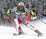 Austrian Rainer Schoenfelder in action during the first run of the men's slalom at the Alpine Skiing World Championships in St Anton on Saturday.