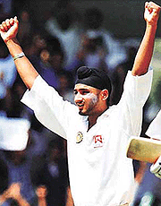 Harbhajan Singh celebrates after taking his seventh wicket on the second day of the final Test between India and Australia in Chennai on Monday. 