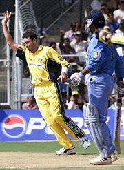 Fleming celebrates after dismissing Indian opening batsman Saurav Ganguly