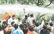 Activists of the BJP youth wing during a demonstration against the Congress in New Delhi on Wednesday.