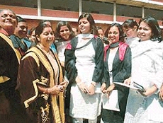 Mrs Sushma Swaraj, Union Minister for Information and Broadcasting, interacts with students of MCM DAV College, Sector 36