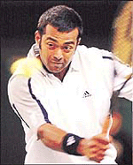 Leander Paes eyes on the ball during the Davis Cup