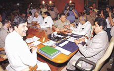 Lok Sabha Speaker G. M. C. Balayogi (right) presides over the all-party meeting before the start of Parliament session at Parliament House on Monday.