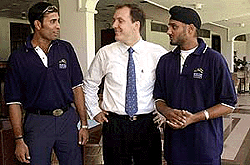 New Indian cricket sensations V.V.S. Laxman (L) and Harbhajan Singh (R) share a joke with Sporting Frontiers Managing Director Neil Maxwell 