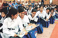 Students from different schools of Chandigarh at a function organised by the Bharat Vikas Parishad, Chandigarh, on Sunday. 