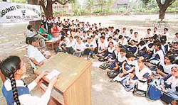 A girl at the paper-reading contest organised by the Vasumati Environmental Club at Government Model Senior Secondary School Sector 33, Chandigarh, on Tuesday.