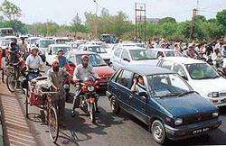 A view of the traffic congestion at the Transport Area light point in Chandigarh.