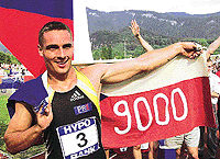 The new men's world record holder for decathlon, Roman Sebrle from the Czech Republic celebrates his victory at the international multi-discipline event in Goetzis, Austria, on Sunday. 