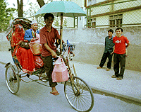 Newly wed Nepalese couple Raju Nepal and his wife Suntalita are forced to take a rickshaw on their way to their wedding reception in Kathmandu on Tuesday. 