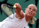 Barbara Schett of Austria serves the ball during her match against Nuria Llagostera of Spain at the French Tennis Open at Roland Garros stadium on Friday. 