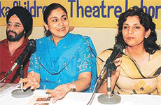 Madeeha Gauhar from Pakistan (centre) addresses a press conference at Chandigarh Press Club, Sector 27, Chandigarh, on Tuesday.