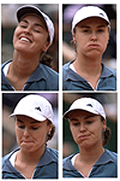 Combo of four pictures of Martina Hingis of Switzerland reacting during the semi final of the French tennis open against Jennifer Capriati of the USA at Roland Garros stadium on Thursday.