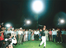 Ace golfer Harmeet Kalhon drives after the inauguration of floodlights at the CGA driving range in Chandigarh on Friday.
