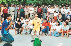Artistes from the theatre of joy present a play “Daantate Raho” at Sector 17, Chandigarh, on Saturday.